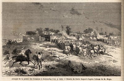 Atak na Sansandig przez armię króla Ahmadou (Toucouleur), dokąd uciekł Bambara, schronił się. Grawer ilustrujący podróż do Sudanu Zachodniego porucznika (marynarki) M.Mage, w latach 1863-1866, opublikowany w „Le tour du monde, nouveau journal des voyages”, autorstwa Unknown artist