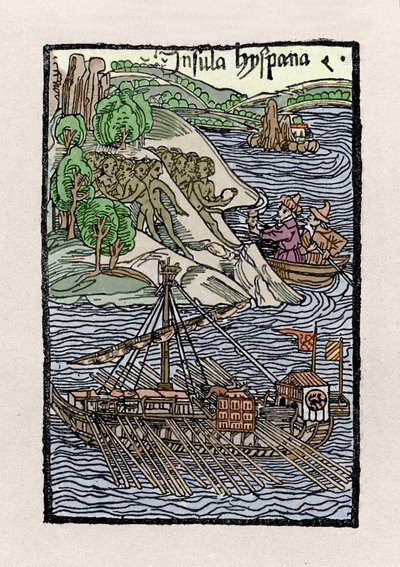 Barka w Hispanioli autorstwa Krzysztofa Kolumba (1451-1506). Rycina z „”De insulis in mare Indico super inventis””, Bale 1493-1494 (łac. tłumaczenie raportu Kolumba do króla Hiszpanii). autorstwa Unknown artist
