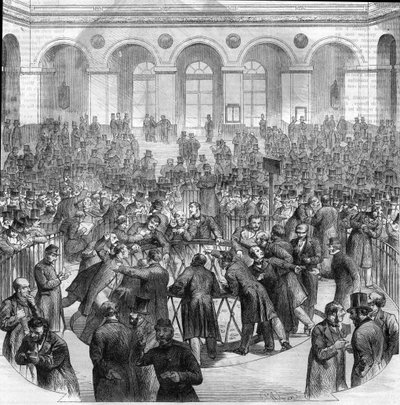 Koszyk agentów giełdowych na Giełdzie Papierów Wartościowych w Paryżu w 1865 r. Rycina po rysunku M.G. Roux autorstwa Unknown artist