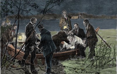 Ciało Ludwika (Ludwiga) II z Baviere Wittelsbach (1845-1886) znalezione utonęło wraz z dr. Guddenem w jeziorze Starnberg w pobliżu zamku Berg w czerwcu 1886 r. Grawerowanie autorstwa Unknown artist
