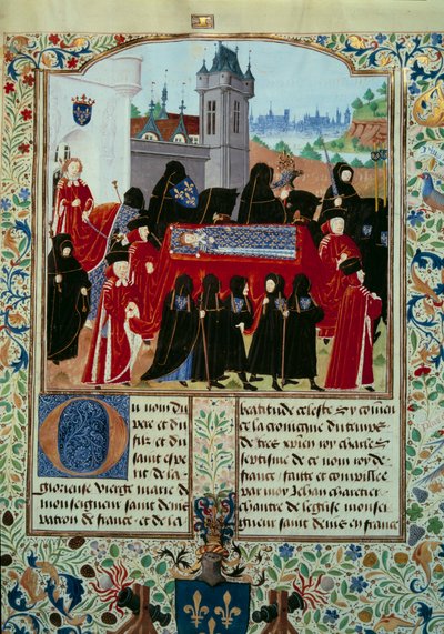 Ciało zmarłego króla Karola VI (1368-1422) zostaje wywiezione, za procesję nowego króla Karola VII (1403-1461) z 22.10.1422 r. Miniatura z rękopisu „Kroniki Karola VII” .fr. 2691) przez Jean Chartier autorstwa Unknown artist