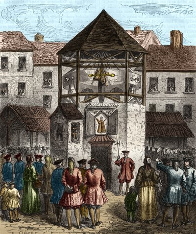 Książka „” la dime royale” autorstwa Sebastiena Le Prestre, markiza de Vauban, została postawiona pod pręgierzem po jego zakazie w 1707 roku. autorstwa Unknown artist