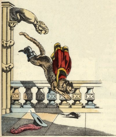 Kot-but, prosząc ogra, aby zamienił się w mysz, skacze, by go pożreć. Ilustracja do bajki Charlesa Perraulta „Le chat botte” autorstwa Unknown artist