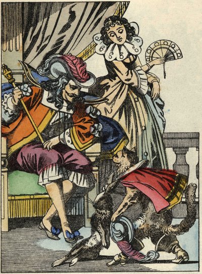 Kot-but ofiarowuje królika królowi od swojego pana, markiza de Carabas. Ilustracja do bajki „Kot botte” Charlesa Perrault autorstwa Unknown artist