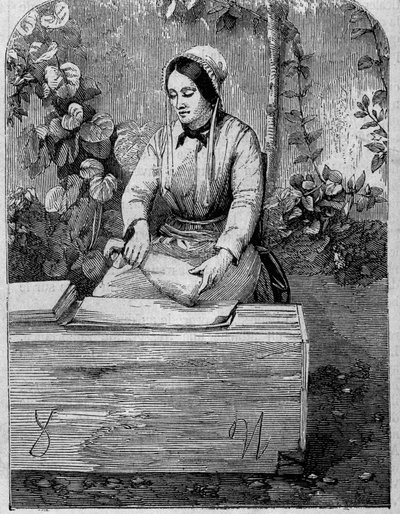 Butelkowanie wina szampana. Grawerunek z 1864 roku. autorstwa Unknown artist