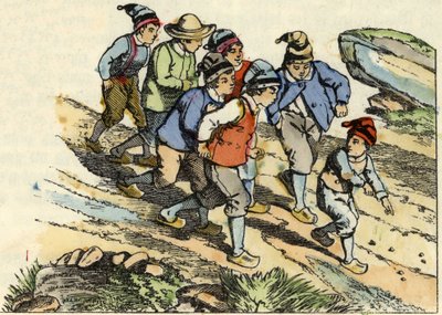 Bracia podążają za Małym Pouletem, który po drodze zasiał białe kamyki. Ilustracja do bajki „Le Petit Poucet” autorstwa Charlesa Perraulta autorstwa Unknown artist