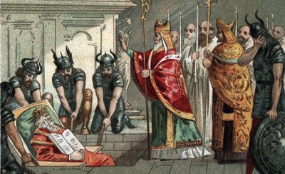 Pochówek Karola Wielkiego w 814 r. w katedrze w Akwizgranie w Niemczech. Chromolitografia z końca XIX wieku. autorstwa Unknown artist