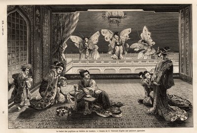 Balet motyli w Teatrze Gankiro w Miyozaki Pleasure District w Jokohamie. Grawer ilustrujący podróż do Japonii autorstwa Aime Humberta, ministra Konfederacji Szwajcarskiej, w latach 1863-1864, opublikowany w „”le tour du monde””, pod tytułem autorstwa Unknown artist