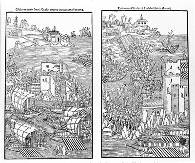 Zdobycie Rodos przez Turków w 1522 roku. Turcy atakują twierdzę św. Mikołaja. Drzeworytnictwo. autorstwa Unknown artist