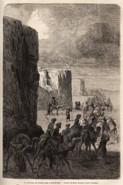 Karawana hadżów (muzułmańskie peleryny) w Korantaghi (Persja, Iran). Rysunek Emile Bayard (1837-1891), ilustrujący podróż do Azji Środkowej w 1863 roku, autorstwa Arminiusa Vambery