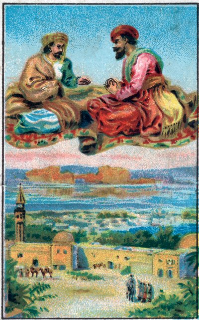 Dywan zachwyca. Historia księcia Ahmeda i opłaty Paris-Banou (Pari Banou) (Paribanu). Opowieść o 1001 nocy (bajki tysiąca i jednej nocy). Chromolitografia z końca XIX wieku. autorstwa Unknown artist
