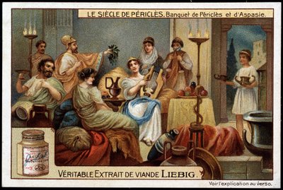 Wiek Peryklesa (495-429 pne): bankiet Peryklesa i Aspazji (470-400 pne) - chromolitografia Liebiga autorstwa Unknown artist