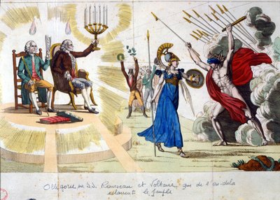 Wiek Lumieres: filozofowie Jean Jacques Rousseau i Voltaire, od przeszłości do przeszłości, oświetlają ludzi - alegoria autorstwa Unknown artist