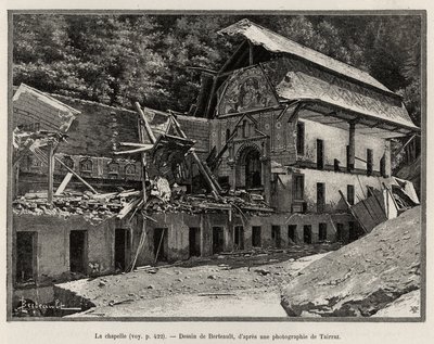 Kaplica zniszczona przez wylew Arve. Grawer Berteault ilustrujący historię „La catastrophe de Saint Gervais les Bains”” autorstwa Unknown artist