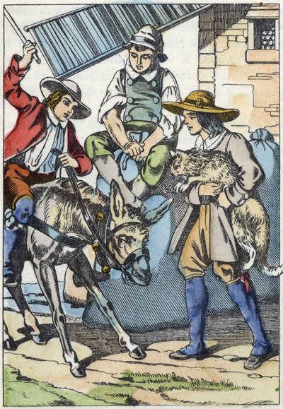 Dzieci zmarłego przewodnika dzielą jego majątek: osioł, młyn i kot. Ilustracja do bajki „Kot botte” Charlesa Perrault autorstwa Unknown artist