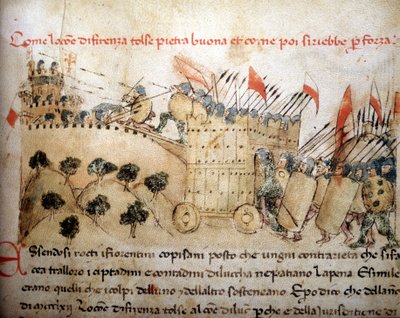 Miasto Florencja podbiło Pietrabuona, którą później przejęli mieszkańcy Lukki – w „Croniche del Sercambi”, około 1400 r. Archiwum Narodowe, Lucca. autorstwa Unknown artist