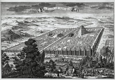 Mury miejskie Babilonu otaczające wiszące ogrody i wieżę Babel - autorstwa Unknown artist