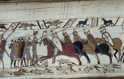 Podbój Anglii przez księcia Normandii Wilhelma Zdobywcy (1027-1087) w 1066: scena bitwy pod Hastings przeciwstawiającej się piechocie normańskiej kawalerii saskiej Fragment gobelinu z Bayeux lub Haft królowej Matyldy autorstwa Unknown artist