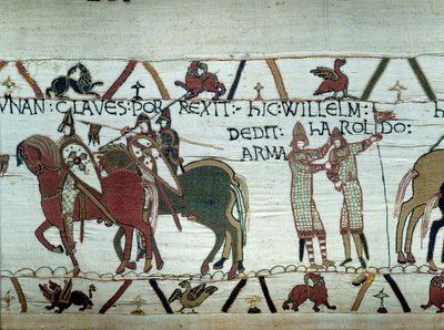 Zdobycie Bretanii przez księcia Normandii Wilhelma Zdobywcę (1027-1087): po lewej książę otrzymuje klucze miasta Dinan, po prawej rycerza Harolda, wysłanego przez angielskiego króla Edwarda Wyznawcę Szczegół gobelinu autorstwa Unknown artist