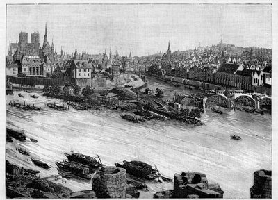 Budowa mostu Pont Neuf w Paryżu przechodzącego przez Square du Vert-Galant na końcu Ile de la Cite. Pierwsze prace w 1578 r. Grawer w „Le Monde illustrious”” autorstwa Unknown artist