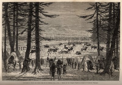 Koral do polowania na renifery w Co-Yukon (co-Yukon lub co-Youkouk) (indyjskim plemieniu skrajnej północnej Kanady). Grawerowanie ilustrujące podróż i przygody w angielskiej Kolumbii, wyspie Vancouver i Alasce, autorstwa Fredericka Whympera autorstwa Unknown artist