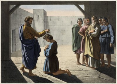 Koronacja Dawida: Samuel wyznacza Dawida na króla Izraela. Anonimowy rycina z XIX wieku. autorstwa Unknown artist