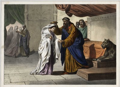Koronacja Estery: król perski Aswerus I (Kserkses I) koronuje swoją żonę Esterę. Anonimowy rycina z XIX wieku. autorstwa Unknown artist