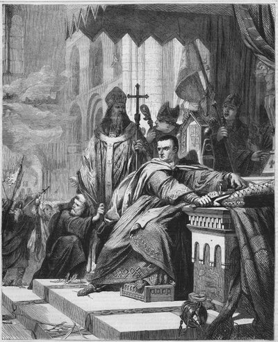 Koronacja Wilhelma I Zdobywcy (1027-1087) w 1066. Książę Normandii (1035-1087) i król Anglii (1066-1087). Rycina XIX wieku. autorstwa Unknown artist
