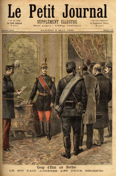 Zamach stanu z 14.04.1893 Aleksandra I Obrenovica (1876-1903) ogłosił jego większość i miał regentów Ristitcha i Belimarkovicha oraz wszystkich ministrów poprzedniego rządu. Grawerowanie w „”Le petit journal”” 6.05.1893. Kolekcja Selvy autorstwa Unknown artist