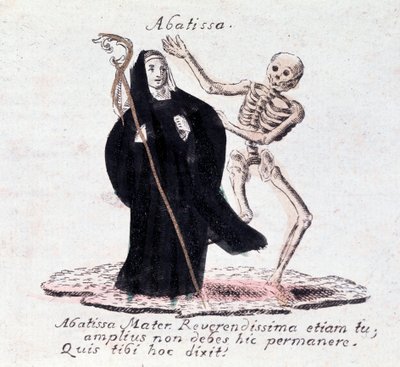 Taniec śmierci, opatka i szkielet (Druk) autorstwa Unknown artist