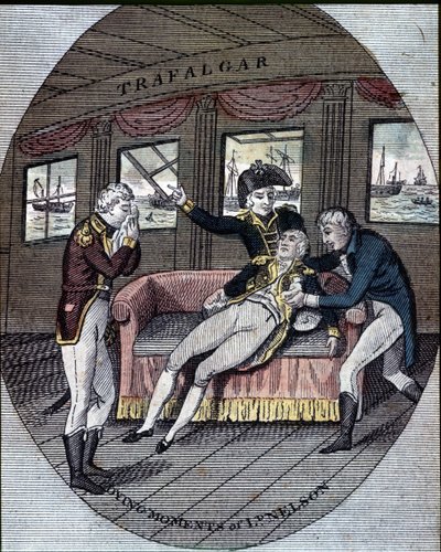 Śmierć admirała Nelsona w bitwie pod Trafalgarem na pokładzie jego statku „Victory” (21 października) autorstwa Unknown artist