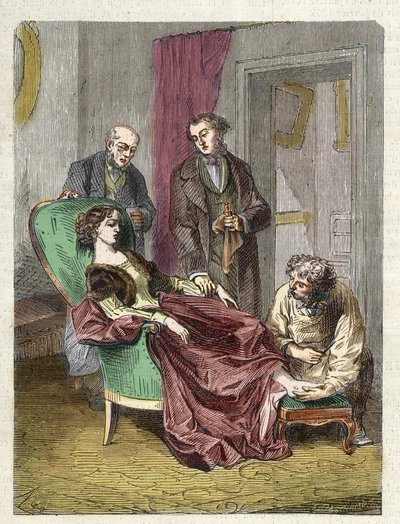 Śmierć Hannah Greener spowodowana wdychaniem zbyt dużej ilości chloroformu (anasetezja) - 1848 - Hannah GREENER, 15-letnia dziewczynka ulega omdleniu podczas znieczulenia chloroformem podczas operacji wrodzonego paznokcia - grawerowanie autorstwa Unknown artist