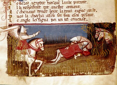 Śmierć rycerza Rolanda, bratanka Karola Wielkiego, podczas bitwy pod Roncevaux, 778 Miniatura zabrana z „”Entree of Spain””. Wenecja z XIV wieku, Biblioteca Marciana. autorstwa Unknown artist