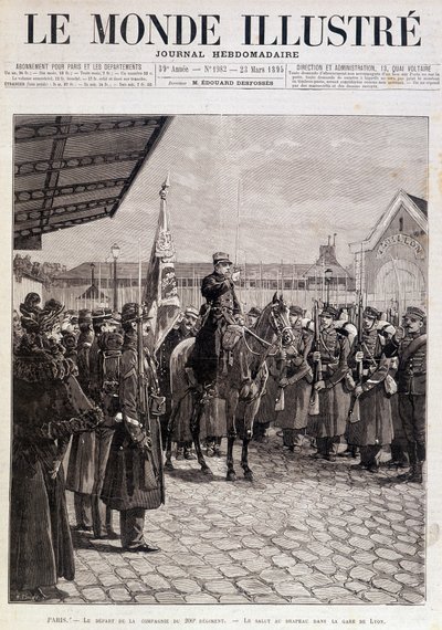 Odejście Kompanii 200 Pułku. Powitanie flagi w Gare de Lyon. „” Świat Ilustrowany””. 23.03.1895. Rysunek. autorstwa Unknown artist