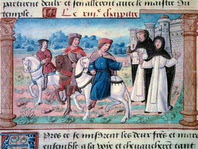 Odejścia braci Nicolo i Matteo Polo, ojca i wujka młodego Marco Polo (1254-1324) z młodym mężczyzną około 1271 roku. Miniatura zaczerpnięta z „Księgi cudów”” („Devisement du monde”, „” Il Milione”) Marco Polo (1254-1324) 1298 Biblia autorstwa Unknown artist
