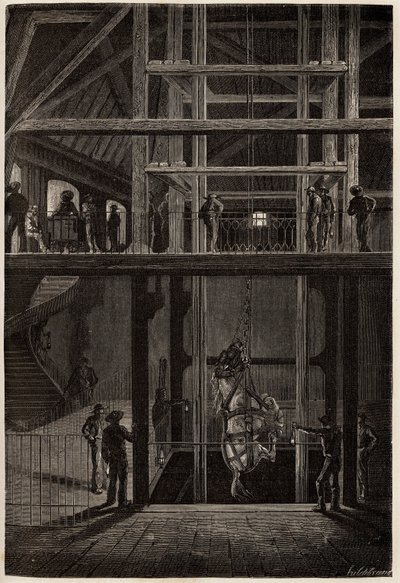 Zjazd konia w kopalniach Creusot, używany w podziemnych tunelach do transportu wozów z węglem. Grawerowanie ilustrujące podróż do Creusot i kopalni Saone i Loire, w 1865 r., L. Simonin, w „” Le tour du monde, nouveau journal des autorstwa Unknown artist
