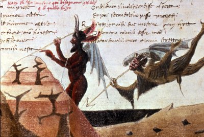 Diabły w kręgu piekła po odręcznym wydaniu Boskiej Komedii (Boskiej Komedii) Dantego Alighieri (1265 - 1321) z XIV wieku. Biblia Trivulziana Mediolan. autorstwa Unknown artist