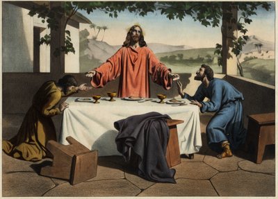 Uczniowie Emausa (Emausa) spotykają zmartwychwstałego Chrystusa w wieczór wielkanocny, który dzieli się chlebem. Anonimowy rycina z połowy XIX wieku. autorstwa Unknown artist