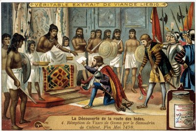 Odkrycie szlaku Indii: Przyjęcie Vasco da Gamy przez Samudryna z Kalikatu, koniec maja 1498 - winieta reklamowa Liébig autorstwa Unknown artist