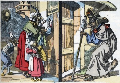 Przebrany wilk puka do drzwi domu z kozą i bikietami. Ilustracja do baśni „Compere le Loup, Maitre Renard, Comere la Chevre et ses petits biquets”” według bajki Jeana de la Fontaine. W „” Opowieściach z domu dla małych autorstwa Unknown artist