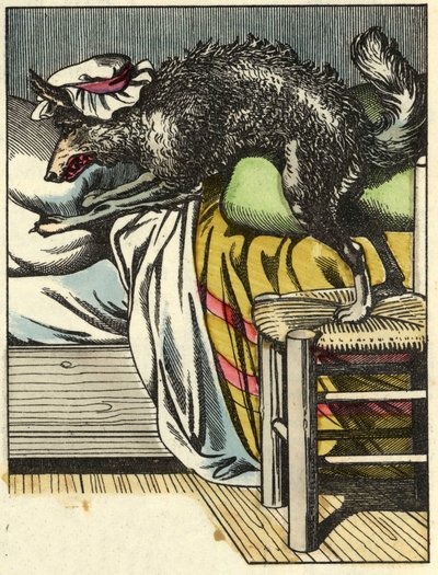 Przebrany wilk zajmuje miejsce babci w łóżku. Ilustracja do bajki „Czerwony Kapturek” Charlesa Perrault autorstwa Unknown artist