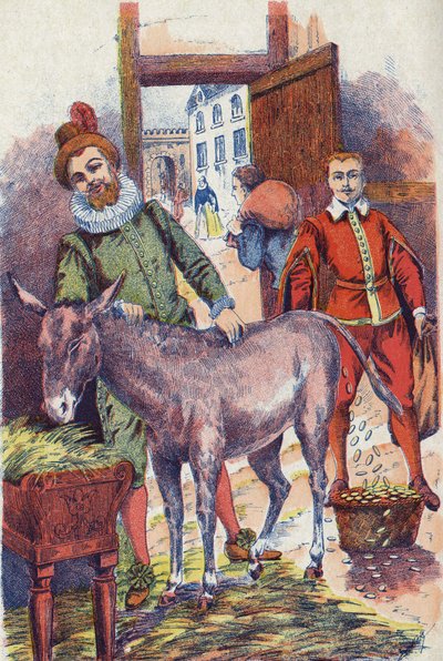 Osioł ze złotym ecu. Ilustracja do opowiadania „Skóra osła” autorstwa Charlesa Perraulta (1628-1703), francuskiego pisarza. Anonimowa ilustracja. Zdjęcia Marcel Vagne, Jarville Nancy, bez daty (koniec XIX wieku). autorstwa Unknown artist