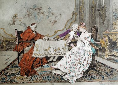 Podwójna część Kardynał toczy partię szachów z młodym mężczyzną, a obok niego młoda kobieta angażuje się w uwodzenie. Ilustracja XIX wieku. Paryż, Sztuka Dekoracyjna autorstwa Unknown artist