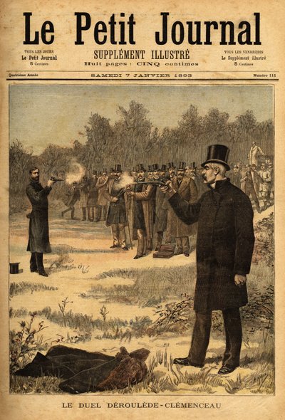 Pojedynek z pistoletem (zakazany we Francji od 1626) pomiędzy posłów Paul Deroulede (1846-1914) i Georges Clemenceau (1841-1929), nie zaszkodzi. Grawerowanie w „”Le petit journal”” 7.01.1893. Kolekcja Selvy. autorstwa Unknown artist