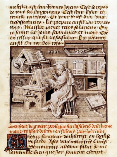 Duchowny, kopista i tłumacz Jean Mielot (zm. 1472) reprezentuje pracę w swoim biurze Page 15-wiecznego rękopisu. Paryż, B.N. autorstwa Unknown artist