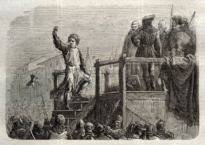 Egzekucja Konradana (lub Konrada Hohenstaufów), króla Sycylii i księcia Szwabii (1252-1268) z rozkazu Karola Anjou po bitwie pod Tagliacozzo w 1268 r.” Sycylii, następujące autorstwa Unknown artist