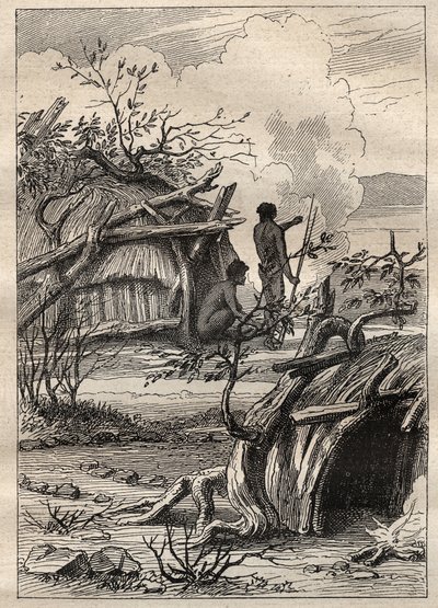 Wyprawa dookoła świata (1790-1792) kapitana Etienne Marchanda (1755-1793): tubylcze chaty z krainy Enddacht (Australia) - ilustracja zaczerpnięta z „Wielkich marynarzy XVIII wieku”” autorstwa Unknown artist