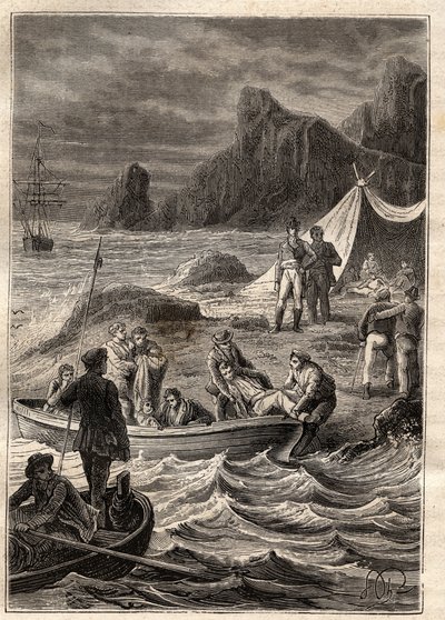 Wyprawa na ziemie południowe (1800-1803) Nicolasa Baudina (1754-1803): chorzy na szkorbut wywieziono na brzeg w Zatoce Przygód (Tasmania, Australia) - ilustracja zaczerpnięta z „Wielkich żeglarzy XVIII wieku” ” autorstwa Unknown artist