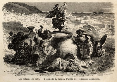 Rodzina wynalazców sake, złożona z rodziców i ich ośmiorga dzieci, kolektywnych szefów browaru, mieszka na wybrzeżu wielkiego Oceanu, nosi pas z liści dębu i długie rude włosy, które zakrywają ich aż do bioder, ramiona misek i autorstwa Unknown artist