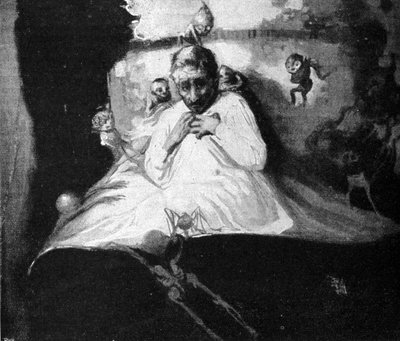 Strach przed duchami (mężczyzna w łóżku myśli, że jest atakowany przez wyimaginowane stworzenia). autorstwa Unknown artist